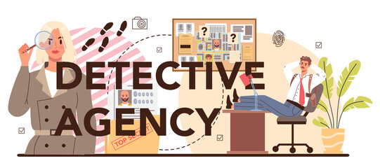 Detective agency typographic header. Inspector investigating a crime place