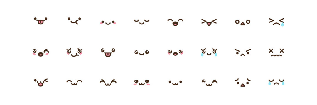 Vector kawaii anime emoji isolated icons set.