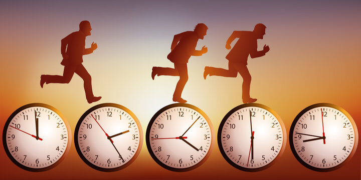 Concept de la compétition en entreprise et du stress au travail, avec trois hommes pressés qui courent après le temps.