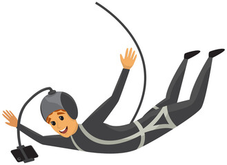 Man is doing bungee jumping and making photo of jump. Guy is engaged in extreme sports. Male character taking selfie on smartphone while flying. Person with camera attached to his head takes photo