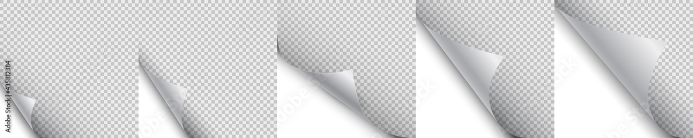 Poster Set blank page with curled corner and shadow, page curl with shadow on blank sheet of paper, corner of sheet of paper – stock vector