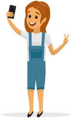 Girl is smiling and taking selfie. Child is photographed on phone camera. Kid with smartphone is posing for self portrait photo. Female character making selfie photo isolated on white background