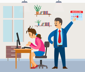 Missing deadline, bad time management. Work in high stress conditions and under hard boss pressure. Scene of tired, nervous, stressed people clutches head at work, many tasks. Deadline metaphors