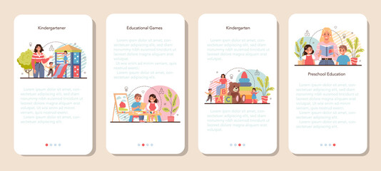 Kindergartener mobile application banner set. Professional nany and children