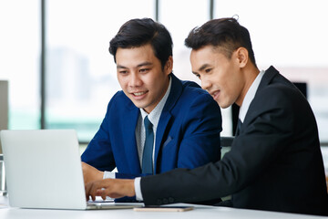 Content male colleagues working on laptop in office