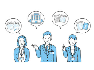 自治体の職員　市役所　区役所　男女　住民票やパスポート申請の案内　イラスト素材