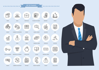 Finance thin line icons. Businessman with set of finance contact and payment icons, connection methods illustration. Serious bearded man wearing business clothes and outline web elements templates