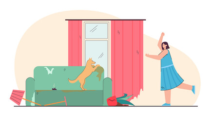 Woman angry with mess made by dog. Female character screaming at pet. Ruined furniture and curtains. Broken down lamp and plant. Keeping domestic animals concept for banner, website or landing page