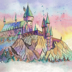 watercolor handmade drawing of magic castle