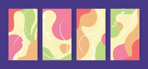Vector set of abstract creative backgrounds in minimal trendy style. Design covers for social media stories in soft pastel shades. Pink, yellow, green, orange, green colors.