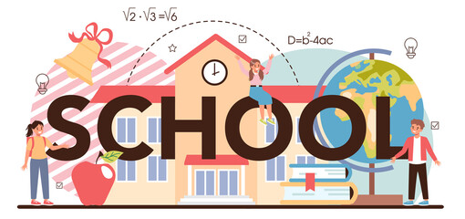 Obraz premium School typographic header. Professor giving a lesson in a classroom.