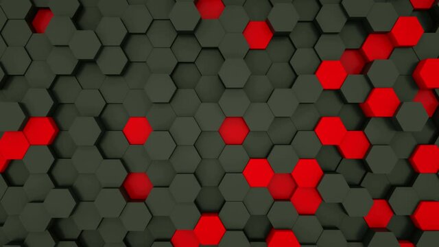 Black and red hexagon modules in random waving motion. Abstract technology, data and engineering motion background. 4K seamless loop. 3D rendering.