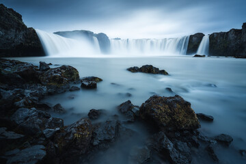 Godafoss, Waterfall of the Gods in cloudy day during summer in Iceland.