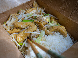 Vietnamese food - dish Dau Xao Gia: spring onions, tofu, bean sprouts, rice - served in a take out box