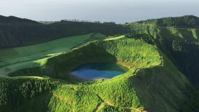 Miradouro do Cerrado das Freiras, Sao Miguel, Azores, Portugal. A lovely view of the lake of Sete Cidades. Drone footage of the Sao Miguel prettiest viewpoint. High quality 4k footage