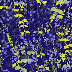 Naklejka na ściany i meble Small blue wildflowers and herbs drawn by hand on dark blue background. Summer floral seamless vector pattern for wallpaper, textile, fabric, poster, ecology package.