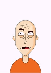 A cartoon male character with a thoughtful expression on his face. A grown man in an orange T-shirt. Flat vector illustration.