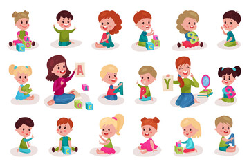 Young Woman Teaching and Kid Learning Alphabet Letters Vector Illustration Set