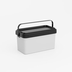 Black rectangular plastic can / bucket / container with handle and a blank label. Perspective view, isolated on white background.
