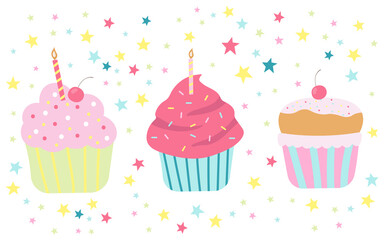 Cute birthday cupcake vector illustration. Bakery element with sweet cream.