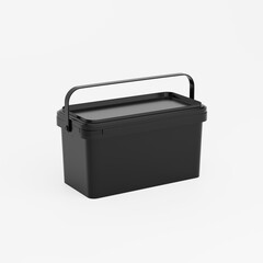 Black rectangular plastic can / bucket / container with handle and no label. Perspective view, isolated on white background.