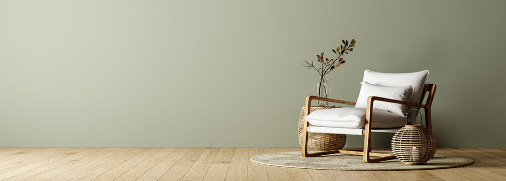 Modern interior design of living room with armchair and empty green mock up wall background 3D Rendering, 3D Illustration