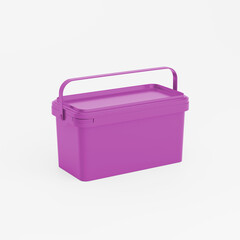 Magenta rectangular plastic can / bucket / container with handle and no label. Perspective view, isolated on white background.