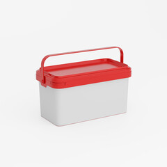 Red rectangular plastic can / bucket / container with handle and a blank . Perspective view, isolated on white background.