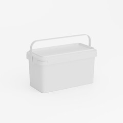 White rectangular plastic can / bucket / container with handle and no label. Perspective view, isolated on white background. - obrazy, fototapety, plakaty