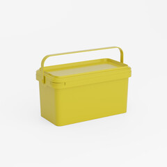 Yellow rectangular plastic can / bucket / container with handle and no label. Perspective view, isolated on white background.