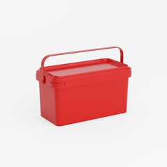Red rectangular plastic can / bucket / container with handle and no label. Perspective view, isolated on white background.