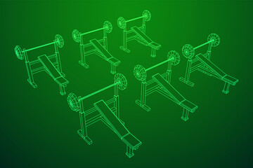 Barbell with weights. Gym equipment. Bodybuilding, powerlifting, fitness concept. Wireframe low poly mesh vector illustration.