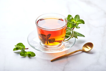 Black tea in glass transparent mug with mint leaves. Soothing tea, anti-stress