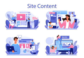 Site content concept set. Media filling, making responsive and viral content