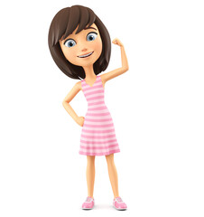 Cheerful cartoon character girl in a pink striped dress on a white background. 3d render.