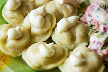 Asian Steamed Dumplings Manti with mince meat on a plate. White background. Top view