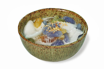 Delicious traditional thai dessert Caramelized crisps in coconut milk, Sprinkled with roasted white sesame seeds. Thai dessert also called Krong-Kraeng. Stacked with clipping path on white background.