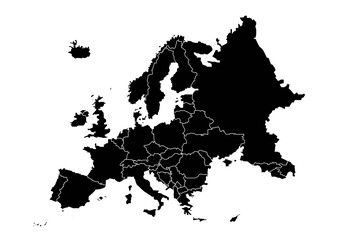 Silueta negra de Europa física con los limites entre países sobre fondo blanco