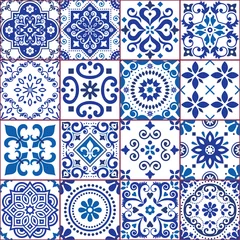 Plaid avec motif Portugal carreaux de céramique Collection de motifs vectoriels harmonieux de carreaux azulejos portugais et espagnols en bleu marine et blanc, ensemble de motifs floraux traditionnels inspirés de l& 39 art des carreaux du Portugal et de l& 39 Espagne