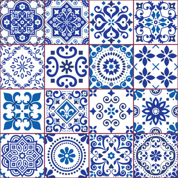 Portuguese and Spanish azulejo tiles seamless vector pattern collection in navy blue and white, traditional floral design set inspired by tile art from Portugal and Spain

