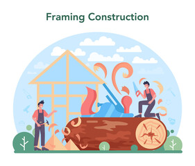 Carpenter concept. Woodworker processing wood-block. Builder working