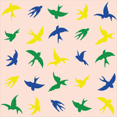 Colorful silhouettes of flying birds seamless pattern on a beige background, colorful pattern