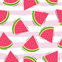 Seamless pattern of watermelon and dash. White background with pink stripes.