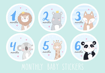 Set of stickers for a newborn boy from 1 to 6 months. Stickers with a pattern of cute animals: lion, hippo, fox, koala, giraffe, panda. Set in blue.