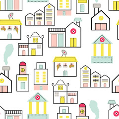 City Building Doodles Vector Seamless Pattern