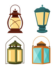 Colorful cartoon vintage lanterns decorative elements set