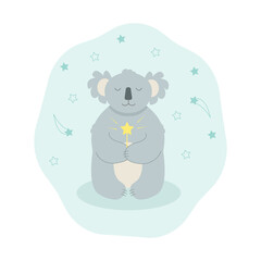Cute cartoon character koala on a cloud with a magic wand dreams. Vector illustration.