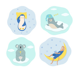 Set of funny cartoon animals sleeping and dreaming. A penguin sleeps on a pillow, seal in a nightcap, monkey sleeps on the moon, koala with a magic wand. Children characters good night concept.