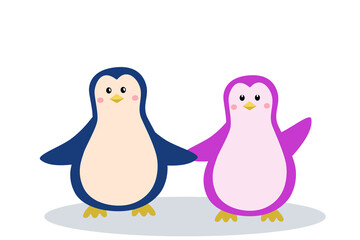 Two cute penguin, boy and girl hold hands vector illustration of a cartoon sea animal isolated on white.