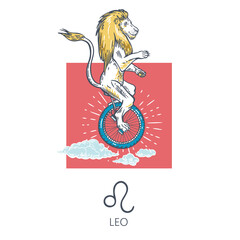 Leo zodiac sign. The lion rides on one wheel. Sun and clouds. Astrology.